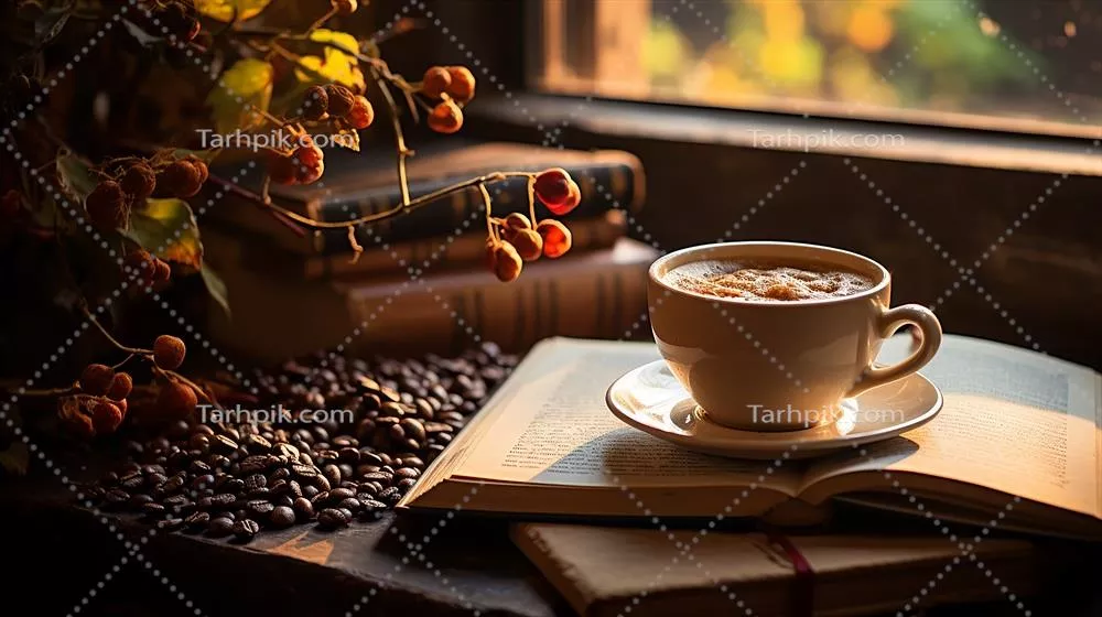 یک فنجان قهوه همراه با کتاب و قلم بر روی میز چوبی - تصویر مدرن و هنری