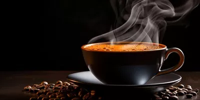 فنجانی از قهوه داغ بر روی میز، در پس‌زمینه سیاه برای حال و هوای دلپذیر و گرم
