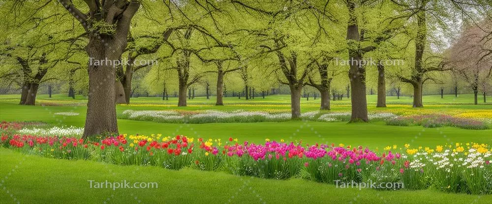 طرح زمینه‌ای زیبا از مرتع‌های محصور در گل‌های شکوفا در بهار ایجاد شده با هوش مصنوعی