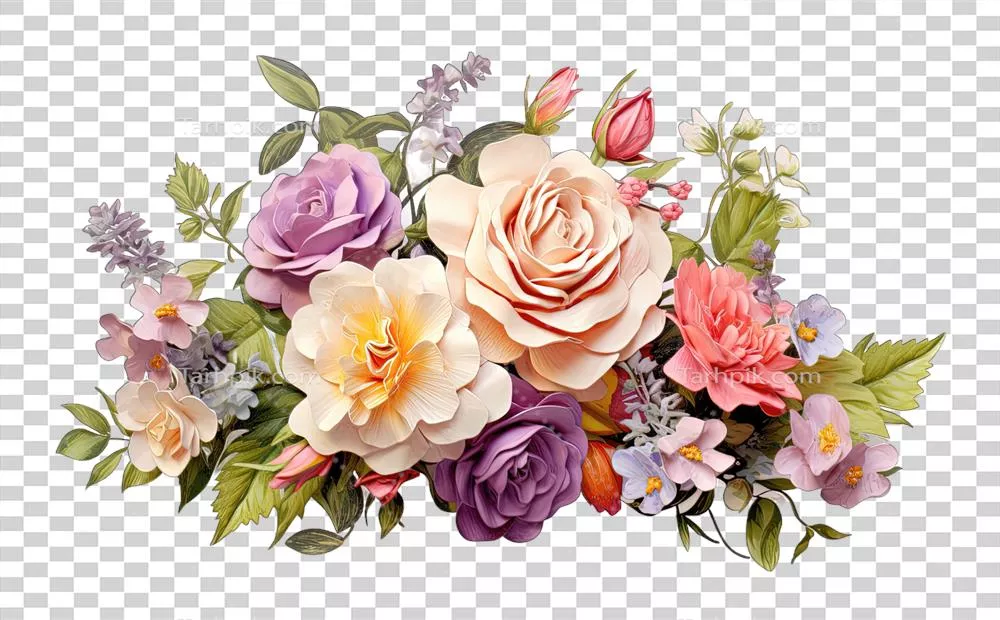 تاج گل رز با گل‌های باغ: آرایش گل‌های طبیعی در پس‌زمینه شفاف