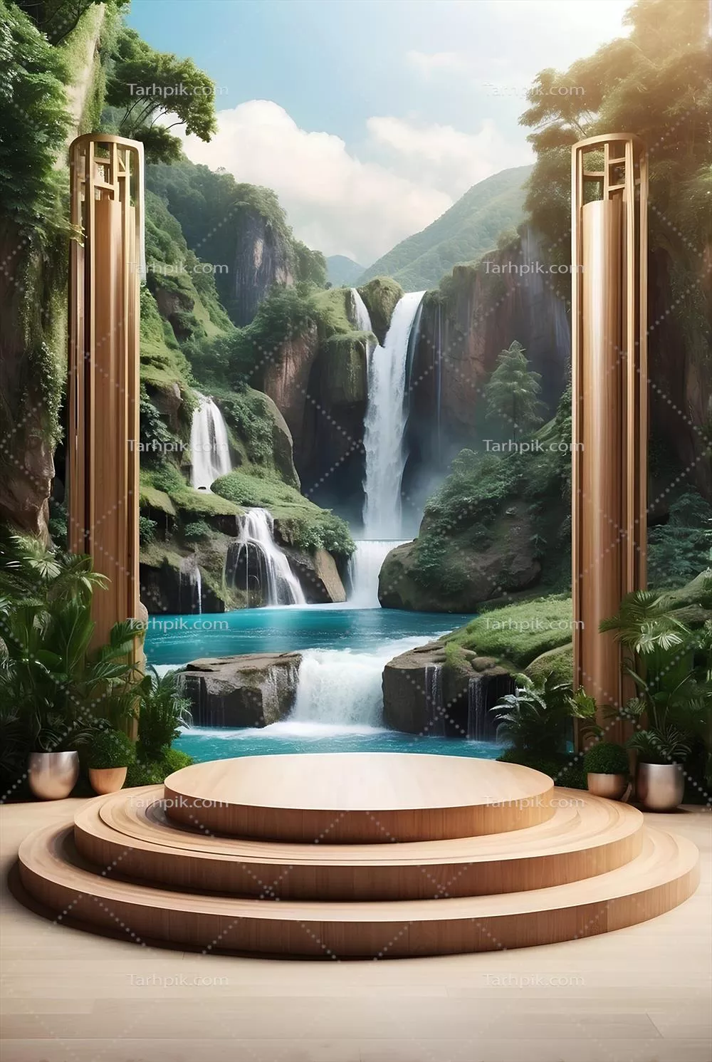 پایه مدرن برای ارائه محصولات با پس‌زمینه کوه و آبشار
