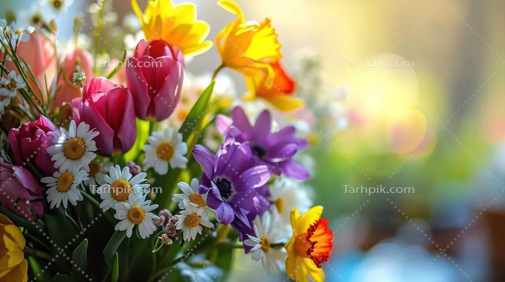 تصویر نزدیک از یک دسته گل تازه بهاری شامل لالههای زیبا