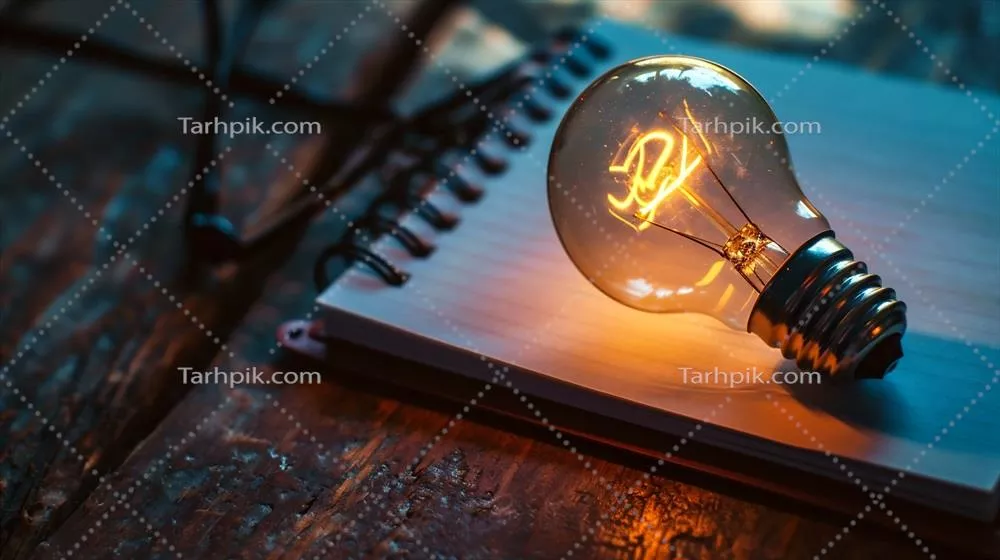 ایده کسب و کار با لامپ روشنایی و دفترچه یادداشت بر روی میز چوبی