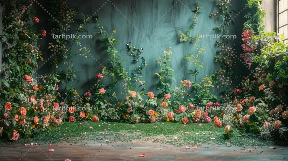 فضای زیبای مراسم عروسی با دکوراسیون گل‌های رنگارنگ در استودیو