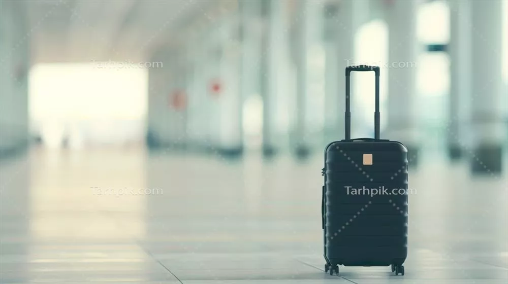 چمدان مشکی شیک در سالن خلوت فرودگاه با پس‌زمینه‌ای مبهم برای سفر و ماجراجویی در فصل تعطیلات