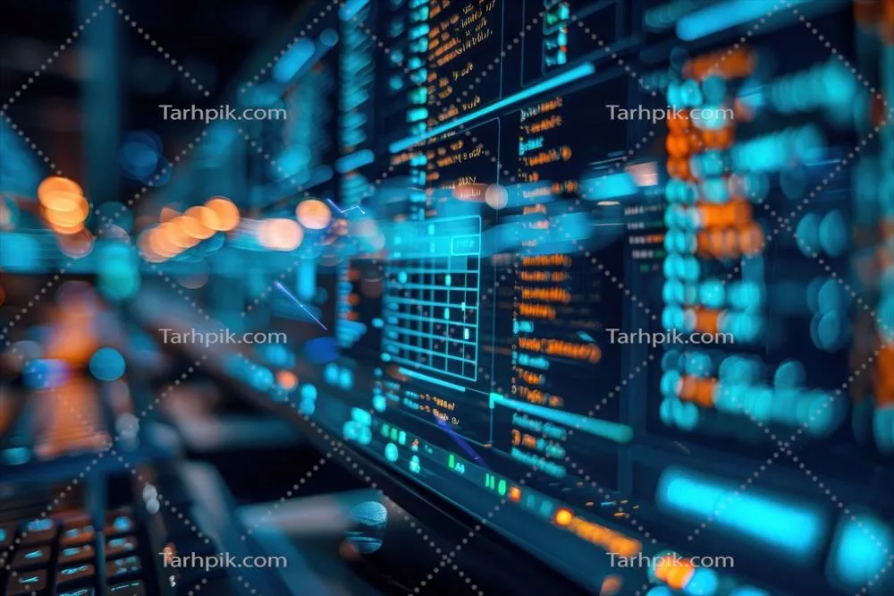 محیط کار مدرن با فناوری پیشرفته شامل تقویم هولوگرافیک و جریان‌های داده روشن