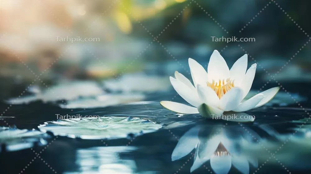 گل لوتوس سفید و مجلل در حال شناور شدن بر روی آب آرام