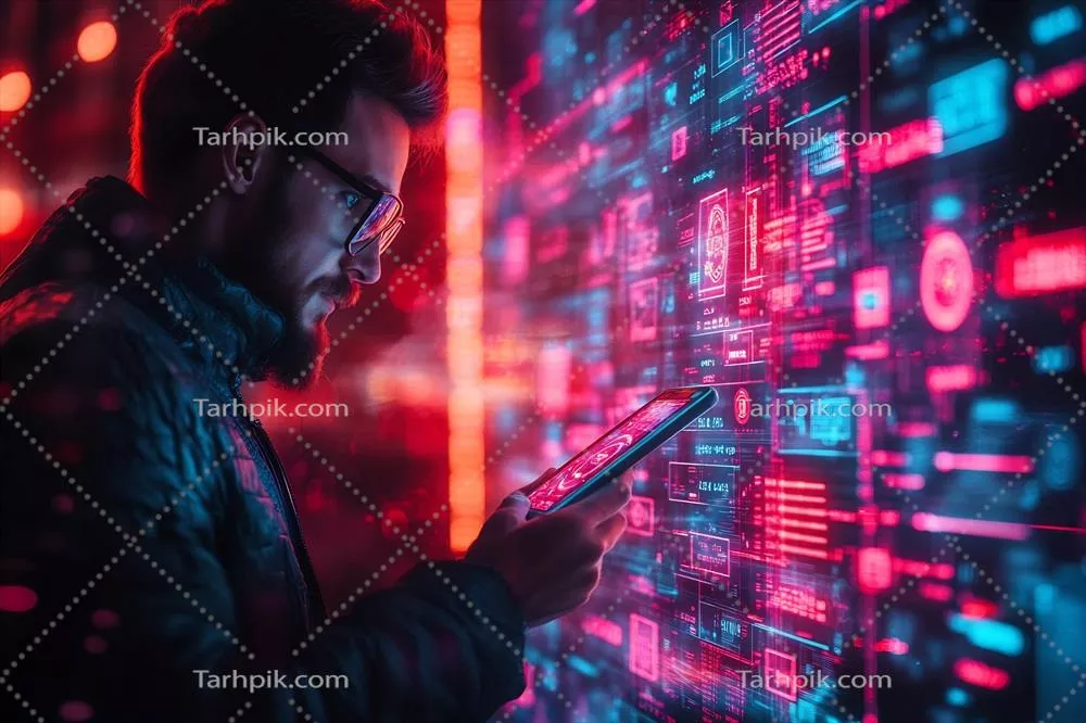 مدل تجاری انتزاعی با کیف پول دیجیتال و نمادهای مالی زنده در دنیای فناوری آینده