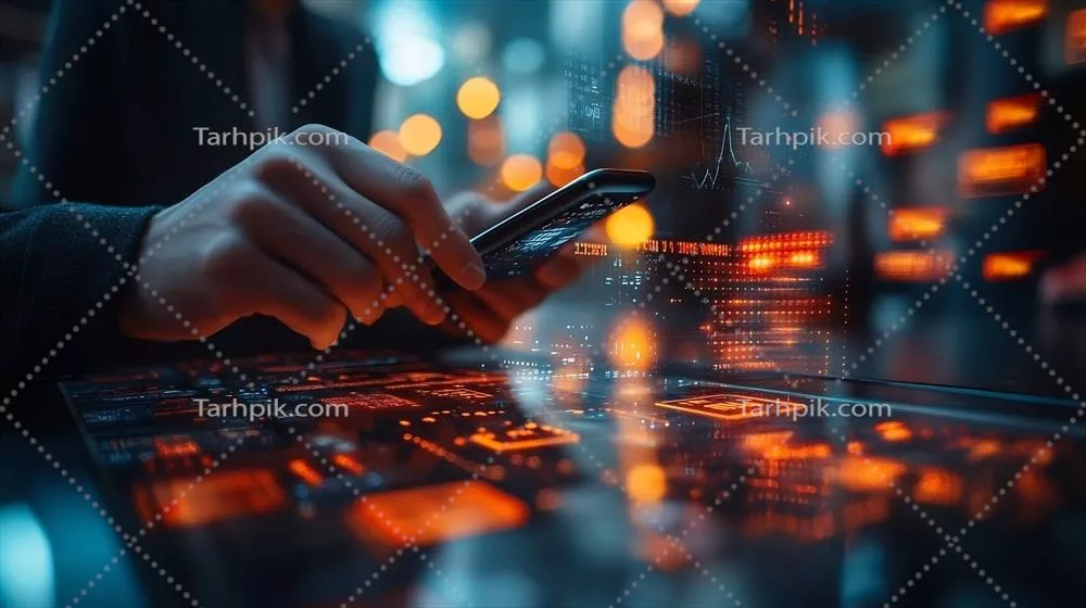 کارآفرین با موبایل در حال استفاده از کیف پول دیجیتال و نمادهای درخشان ارز