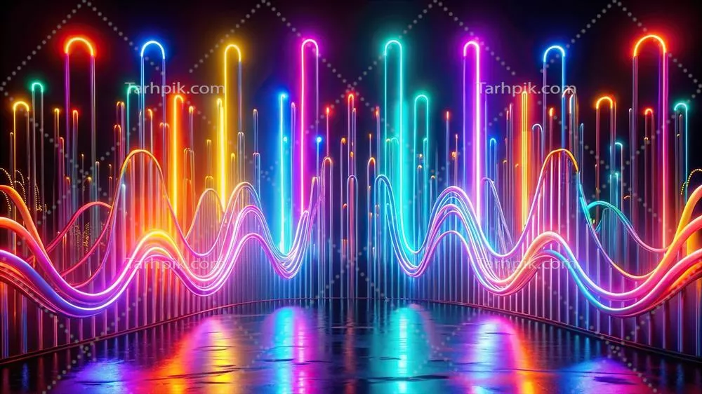 زمینه‌های ماکرو انتزاعی با آبشارهای نئون و موج‌های لوله‌ای