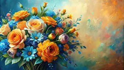 تابلوی زیبای دسته گل با رنگهای آبی و نارنجی و خطوط هدایتگر