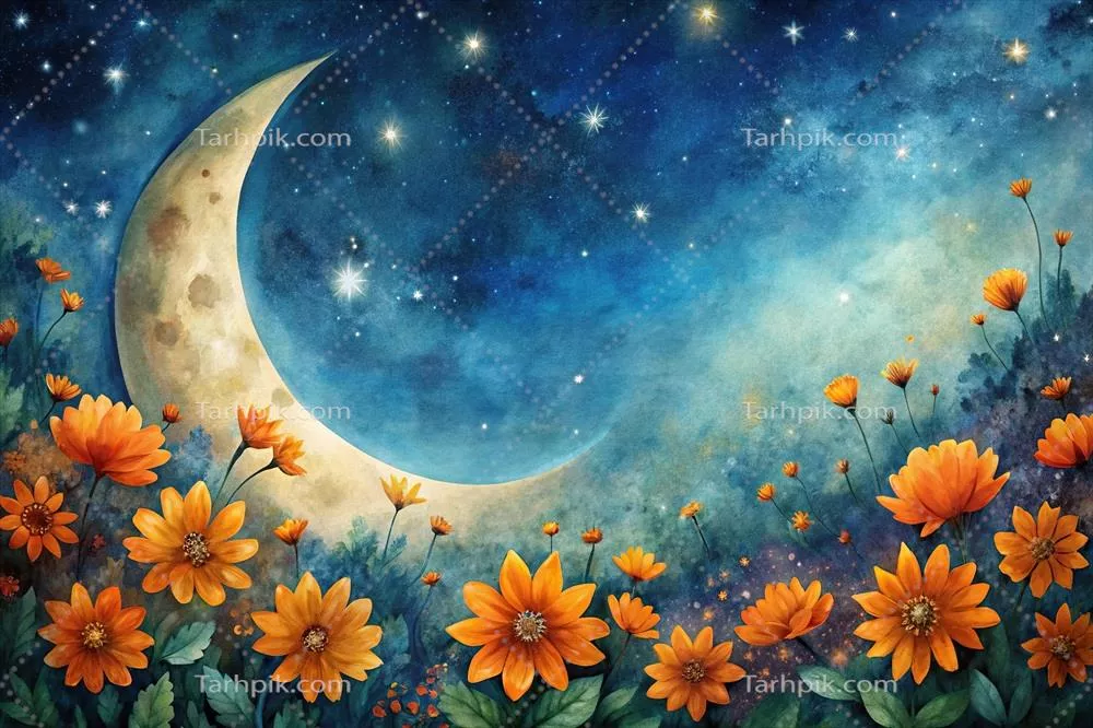 نقاشی ماه و ستاره ها با گل های نارنجی در پیش زمینه به همراه زیبایی آسمان