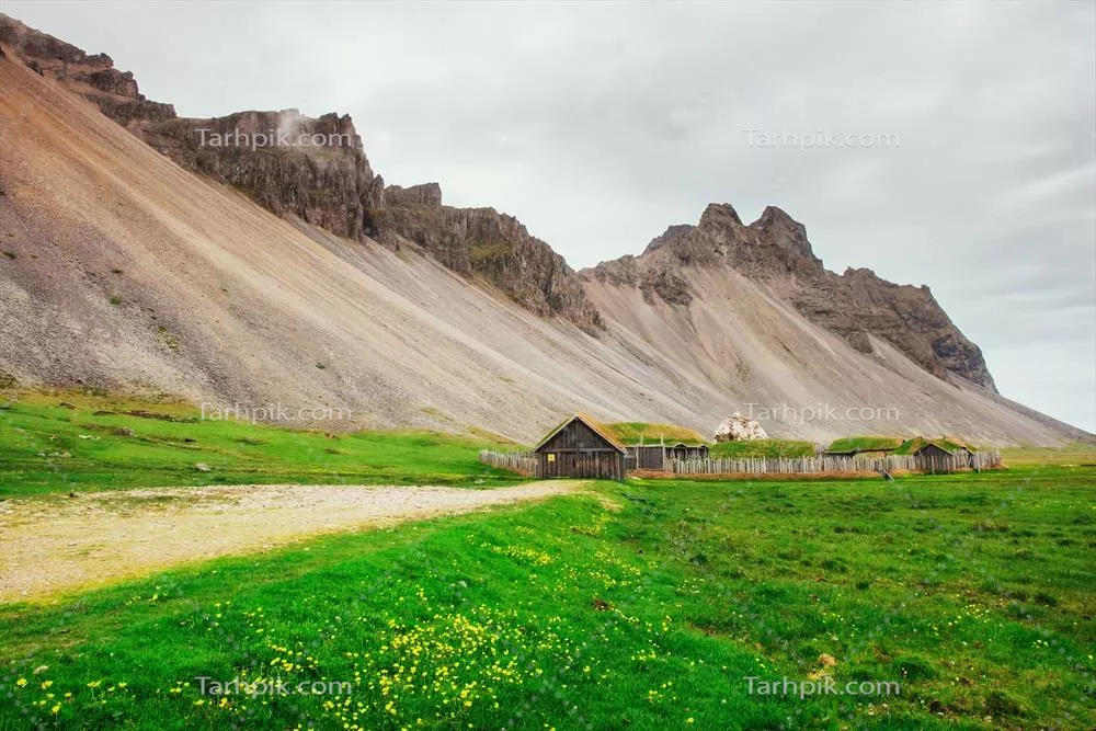 دهکده سنتی وایکینگ‌ها با خانه‌های چوبی در نزدیکی کوه‌های کاج