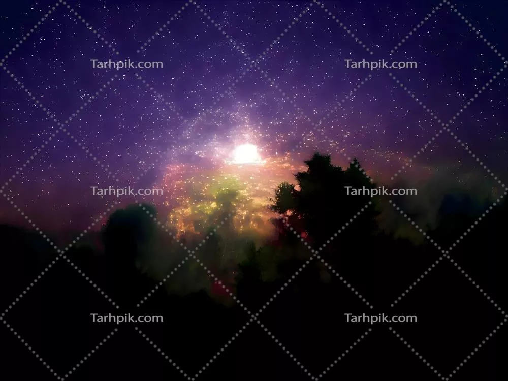 کهکشان راه شیری و نور صورتی در کوه‌ها: منظره رنگارنگ شب با آسمان ستاره‌ای و تپه‌ها