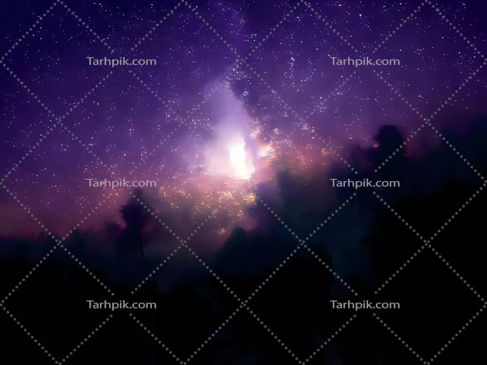 کهکشان راه شیری و نور صورتی در کوه‌ها به همراه آسمان ستاره‌ای در شب