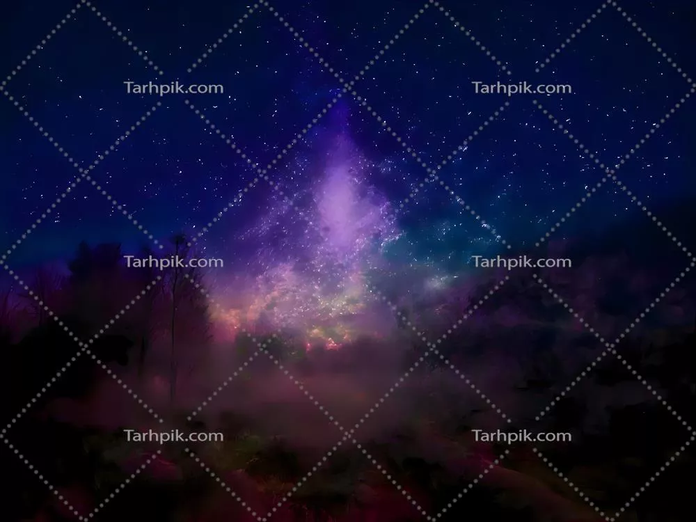 طرحی از کهکشان راه شیری با نور صورتی در کوهها زیر آسمان پرستاره و رنگارنگ
