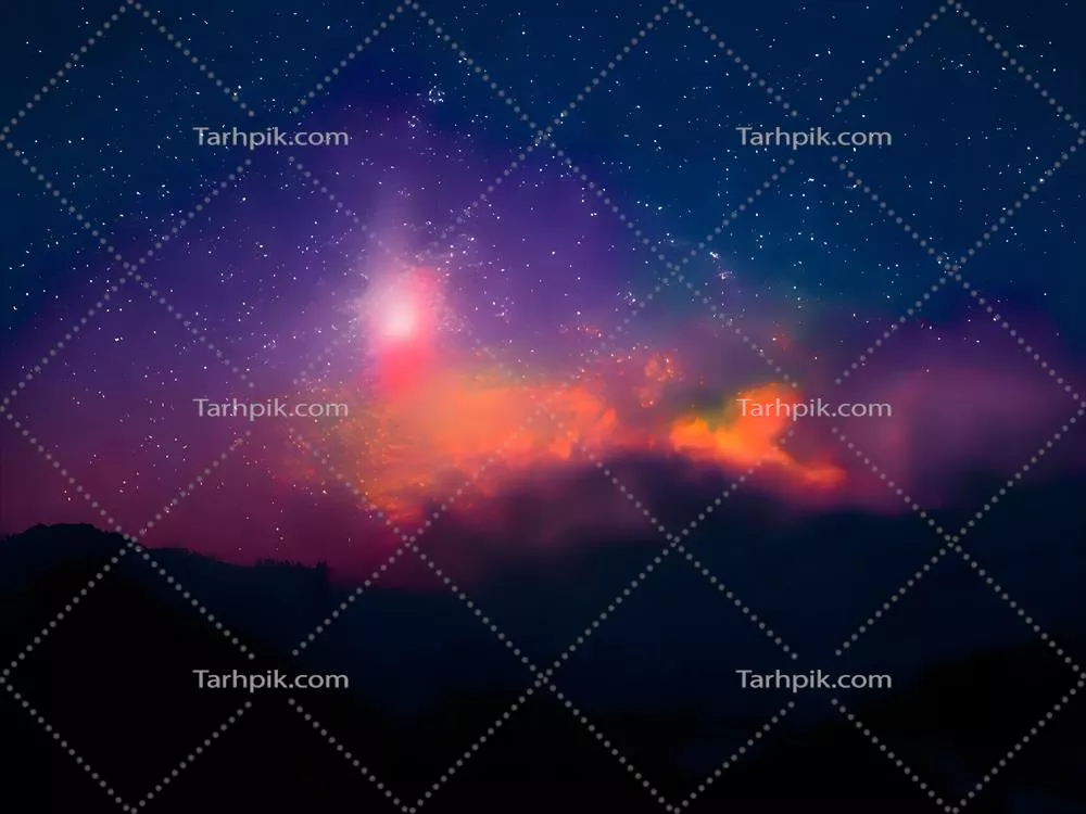 مناظر رنگارنگ کوهستانی با کهکشان راه شیری و نور صورتی در شب