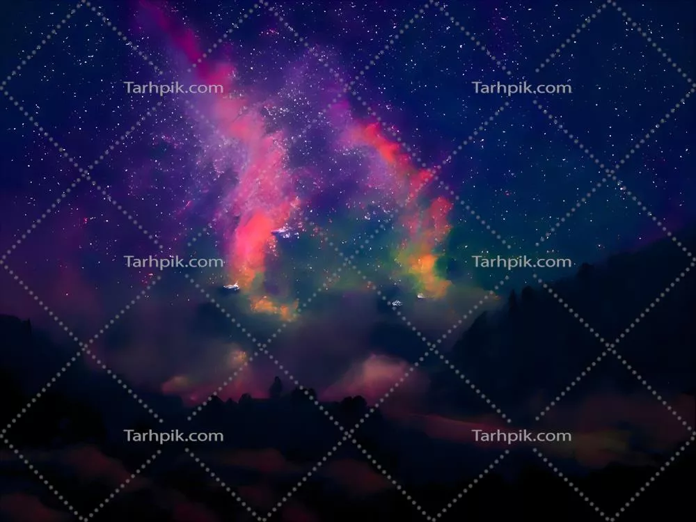 کهکشان راه شیری و نور صورتی در کوه‌ها: چشم‌انداز رنگارنگ در شب با آسمان ستاره‌ای و تپه‌ها
