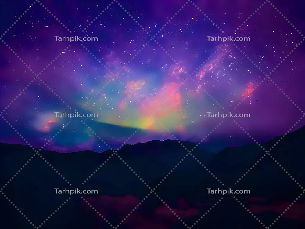 آسمان پر ستاره کهکشان راه شیری و نور صورتی در کوه‌ها در شب با نمای رنگارنگ
