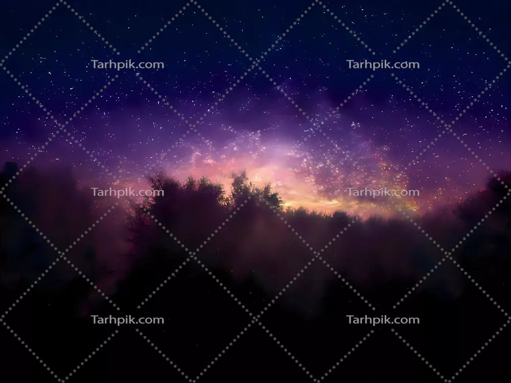 مناظر رنگی شب با کهکشان راه شیری و نور صورتی در کوهها