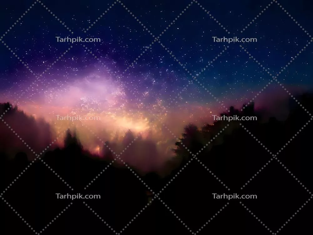 راه شیری و نور صورتی بر کوه‌ها: چشم‌انداز رنگارنگ شب با آسمان پرستاره و تپه‌های زیبا در پس‌زمینه‌ای فضایی و کهکشانی