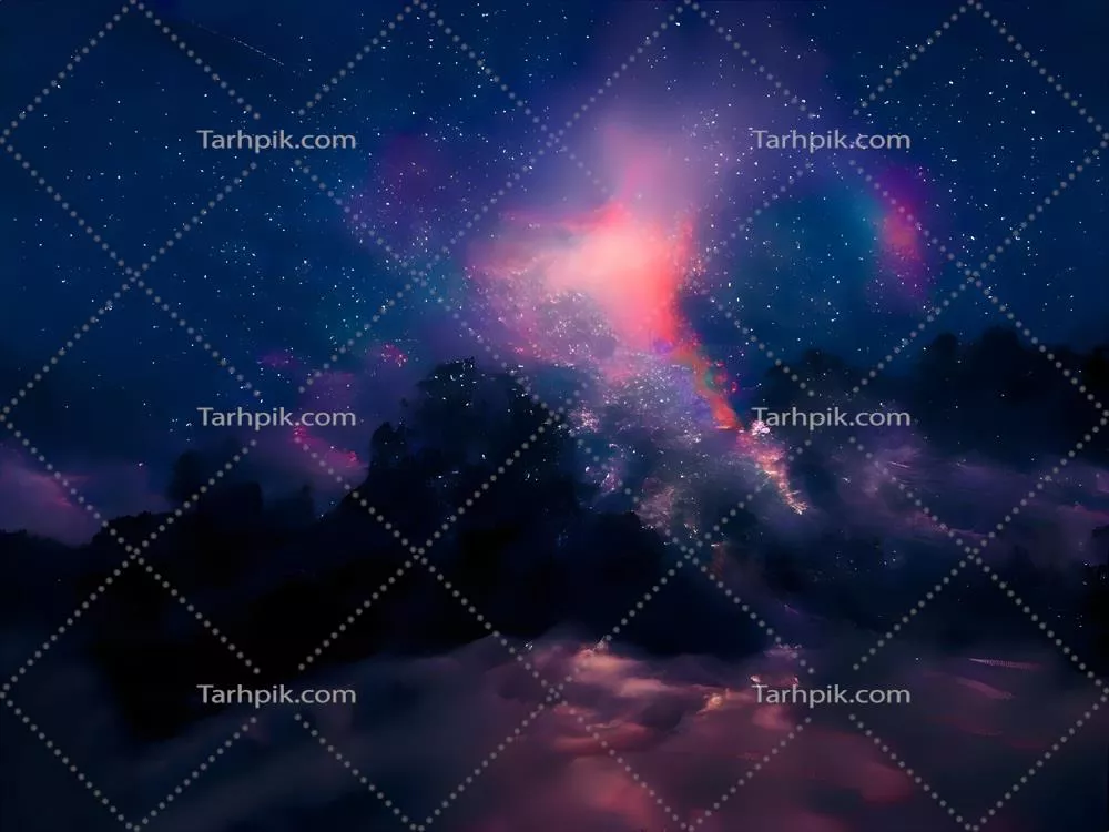 کهکشان راه شیری و نور صورتی بر فراز کوه‌ها در شب، منظره‌ای رنگارنگ و زیبا از آسمان پرستاره