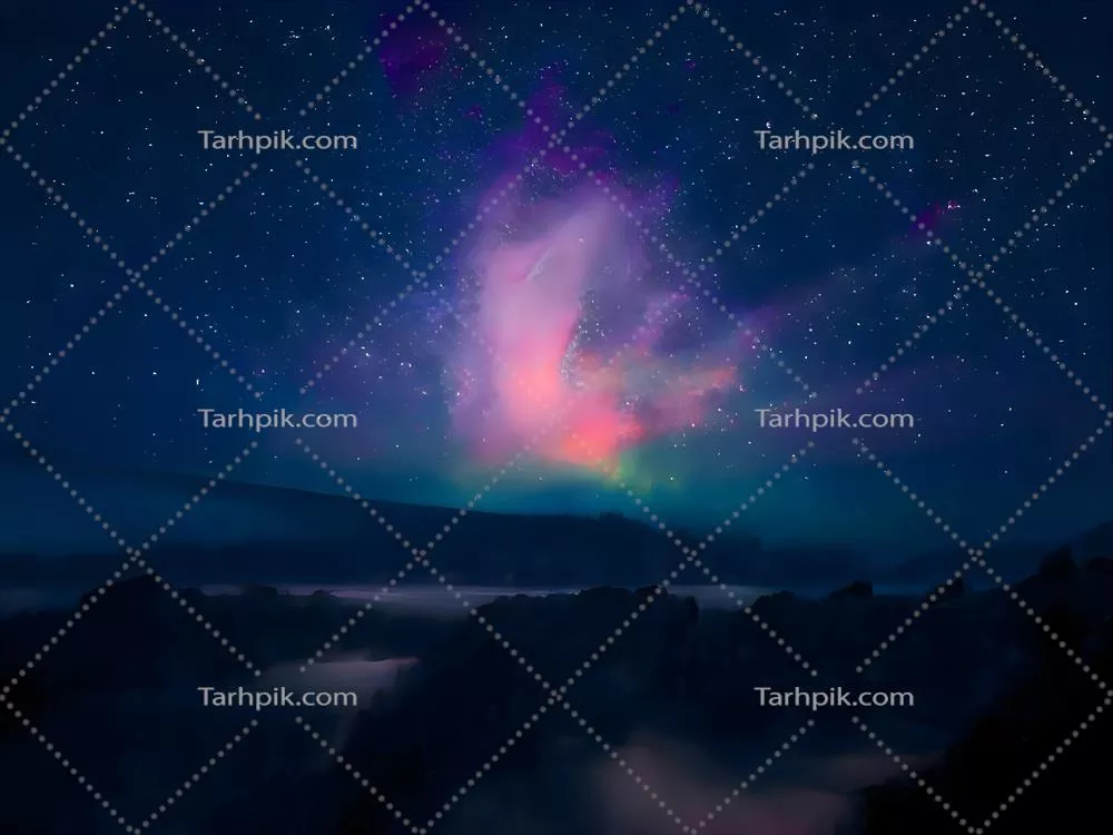 منظره‌ای شبانه با کهکشان راه شیری و نور صورتی در کوه‌ها، فضایی زیبا و ستاره‌ای