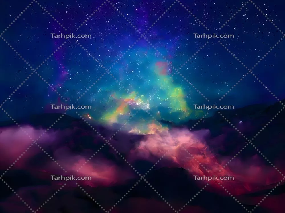کهکشان راه شیری و نور صورتی در کوه‌ها، منظره شب رنگارنگ با آسمان ستاره‌ای و تپه‌ها