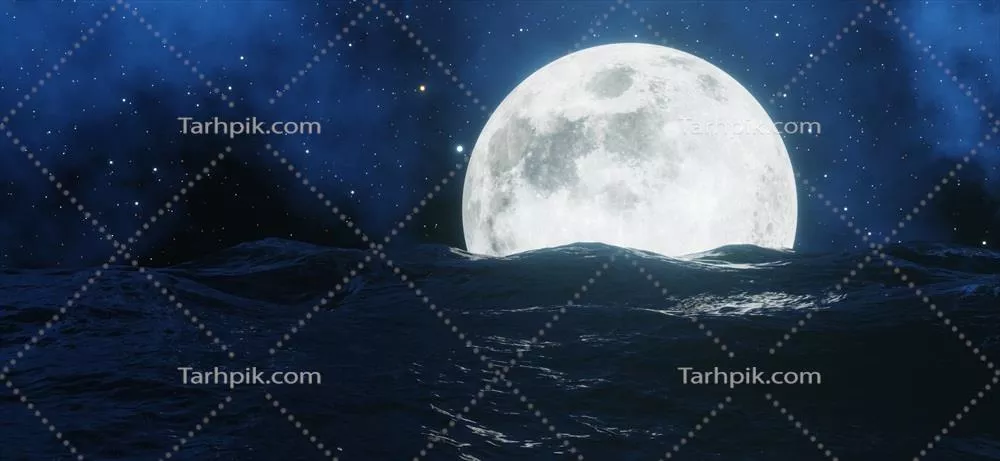 ماه بزرگ در پسزمینه دریا با ستارهها و ابرها در حال درخشش - رندر سهبعدی
