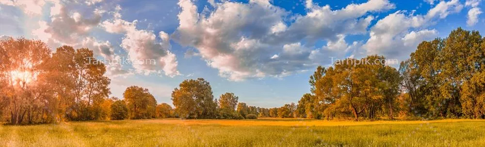 طلوع آفتاب رنگارنگ در دشت پاییزی - منظره ای جادویی از طبیعت
