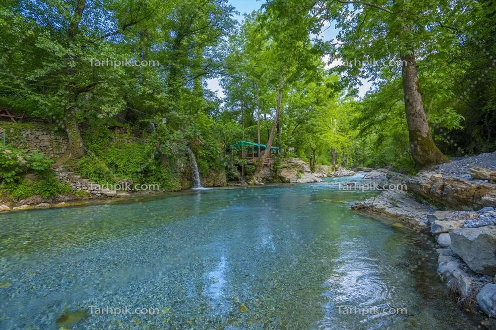 چشم انداز کوهستانی با رودخانه، آبشار و جنگل سرسبز در طبیعت بکر