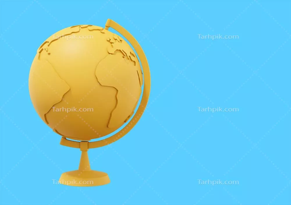 گلوب زمین روی پایه – آیکون مینیمالیستی زرد بر روی پسزمینه آبی با فضای خالی برای متن