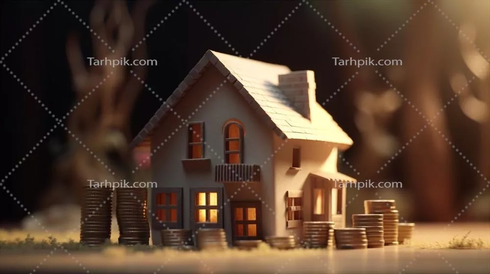 مدل خانه و تپه سکه بر روی میز با مفهوم املاک و مستغلات - هنر تولید شده با هوش مصنوعی