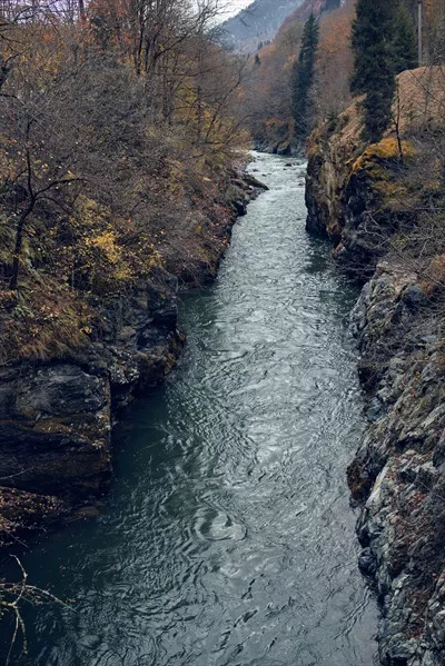 مناظر کوهستانی پاییزی با جنگل و رودخانه در دل طبیعت