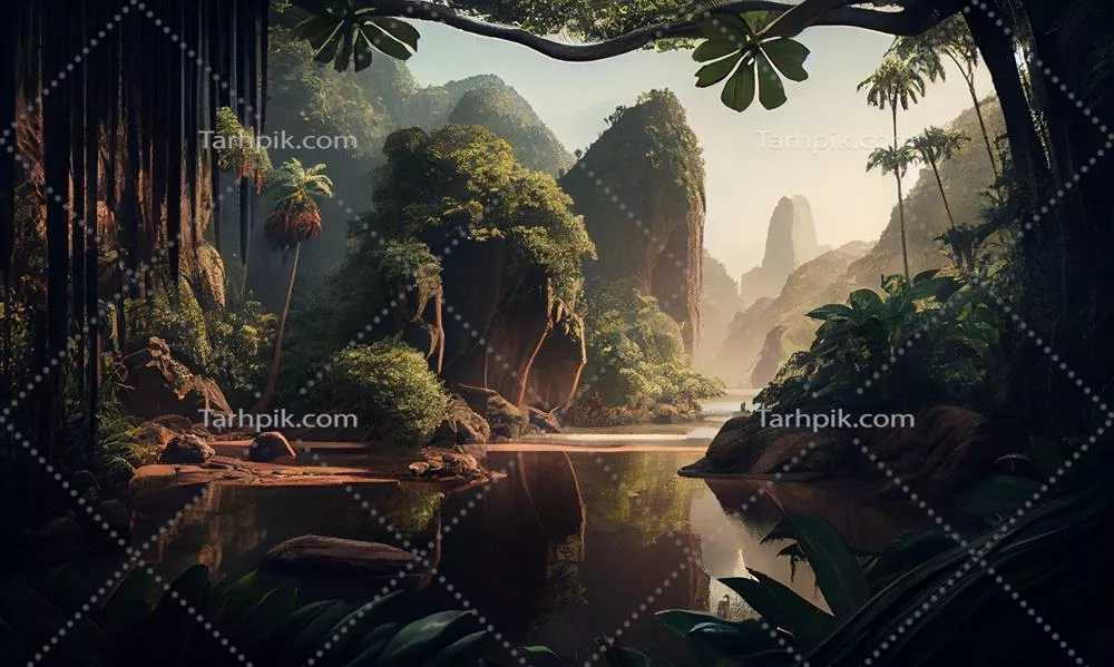 جنگل عمیق و شگفتانگیز با دریاچه یا رودخانه زیبا و cliffs سنگی بالا