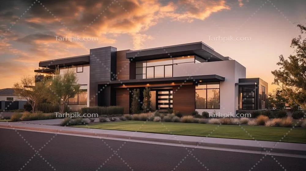 3D رندر یک خانه مدرن و دنج با گاراژ برای فروش یا اجاره با چشم‌انداز زیبا