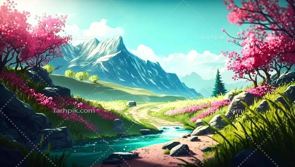 تصویر زیبای بهار با درختان و گل‌ها در زیر نور آفتاب گرم در طبیعت