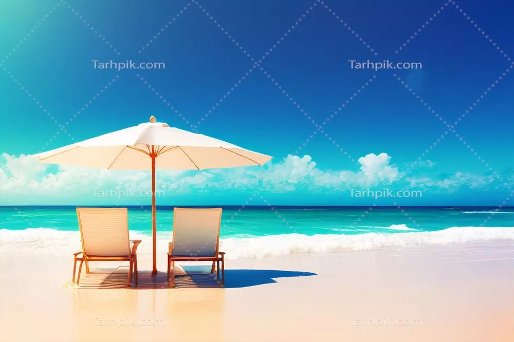 صندلی زیبای ساحلی با چتر بر روی ماسه سفید با طراحی هوش مصنوعی