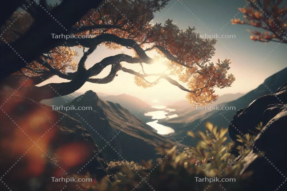 زوم نزدیک به درخت با پس زمینه کوهستانی و لنز منحرف کننده طبیعی