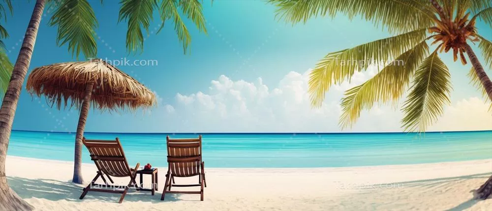 ساحل زیبای با درخت نخل و صندلی، بهبود یافته با هوش مصنوعی
