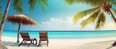 ساحل زیبای با درخت نخل و صندلی، بهبود یافته با هوش مصنوعی
