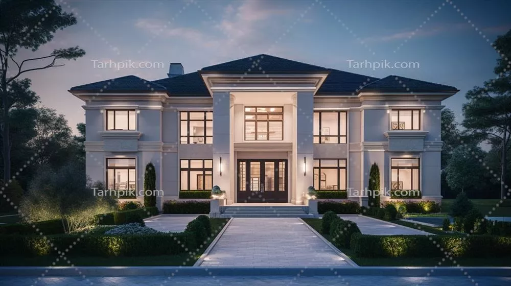 طراحی بیرونی مدرن و لوکس خانه با باغ و آسمان زیبا در هوش مصنوعی