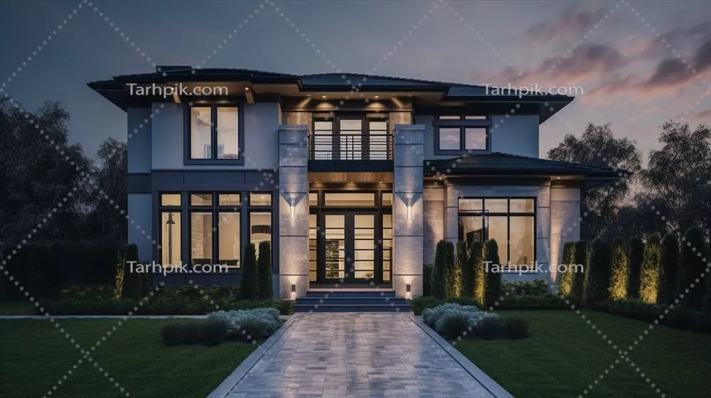 تولید هوش مصنوعی نمای خارجی یک خانه مدرن لوکس با باغ و آسمان زیبا
