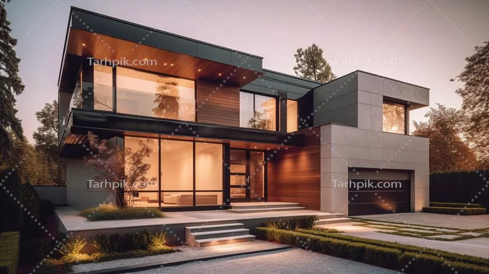 معماری مدرن خانه لوکس با طراحی خارجی و باغ زیبا در زیر آسمان آبی