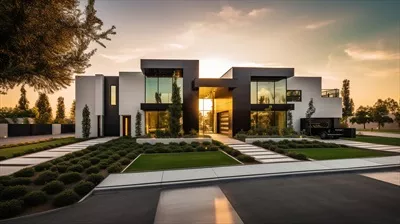 نمای بیرونی مدرن و لوکس خانه با باغ و آسمان زیبا طراحی شده با هوش مصنوعی