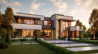 طراحی هوش مصنوعی نمای مدرن و لوکس خانه با باغ و آسمان زیبا
