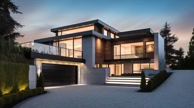 فضای بیرونی خانه لوکس مدرن با باغ و آسمان زیبا در طراحی هوش مصنوعی
