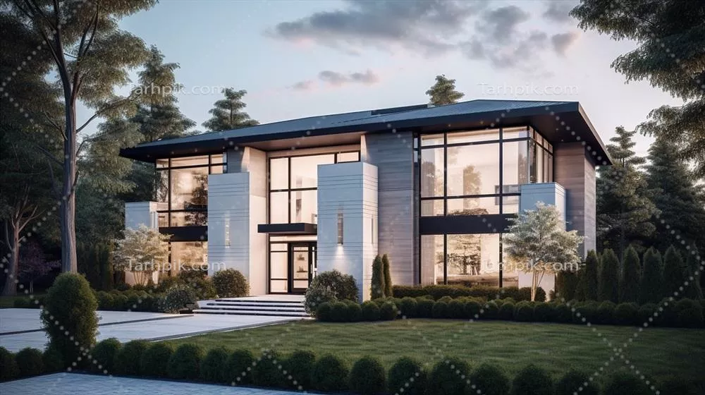 نمایی مدرن و لوکس از خانه با باغ و آسمان زیبا به دست آمده با هوش مصنوعی