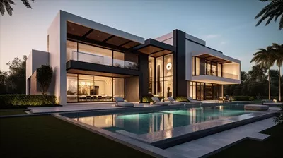 خانه مدرن لوکس با طراحی خارجی جذاب، باغ دلنشین و آسمان زیبا