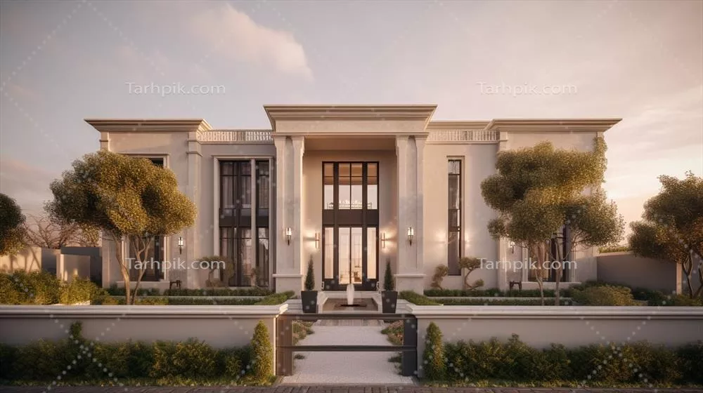 توسعه هوش مصنوعی: نمای خارجی خانه مدرن و لوکس با باغ و آسمان زیبا